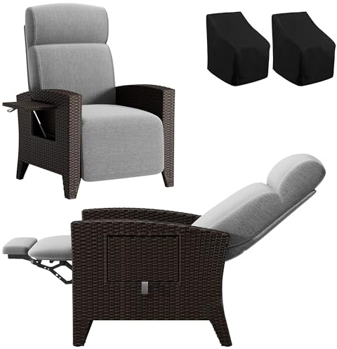 Fiutazge Set 2 Tumbona de Ratán con Respaldo Regulable,Sillon Relax Reclinable,Chaise Longue con Cojín y Funda Sillas Jardin,Tumbonas Jardin Exterior para Terraza Patio,Ratán Negro y Cojín Gris