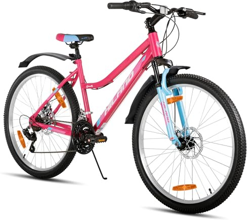 Hiland 26 Zoll Damen Mountainbike, 18 Gänge Federgabel MTB mit Step-Through-Rahmen, 26 Zoll Fahrrad für Frauen Männer Erwachsene Rosa