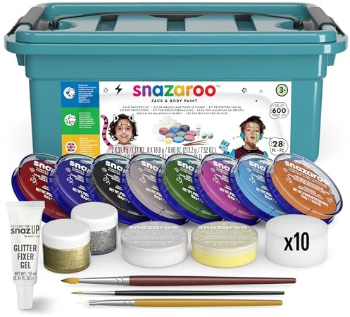 Snazaroo Halloween Face Painters Kit for Kids & Adults, 28 Pieces, 10 Colours, Brushes, Glitter Gels, Sponges, Guide, Water Based, Easily Washable, Makeup, Body Painting