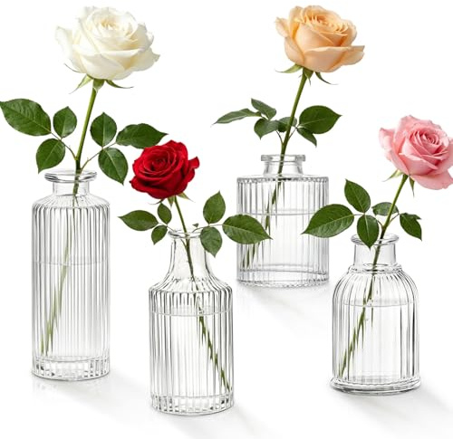 Glass Bud Vases Set of 4, Small Flower Vases in Bulk, Different Sizes Mini Vase for Centerpieces, Clear Vintage Vase for Table Decorations, Wedding, Party, Receptions, Home Decor