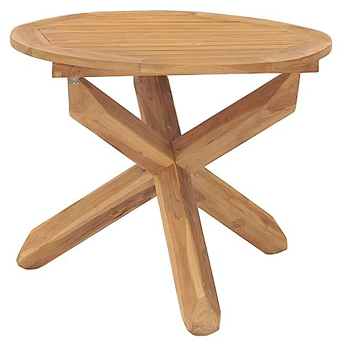 Mesa de Comedor de Exterior, Mesa Jardín con Tabla de Teca Maciza, Barniz al Agua, Diseño Redondo Clásico, Resistente a la Intemperie, para Terraza, Jardín o Camping, Color Natural, Ø90x75 cm