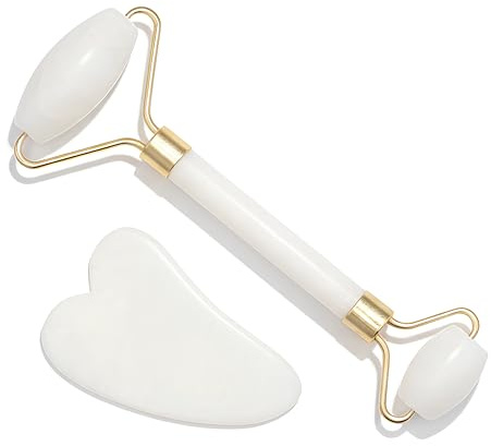 Gua Sha Viso e Rullo di Giada – Pietra Naturale per Massaggio Viso Lifting, Rullo Viso Quarzo Rosa Anti Gonfiore, Strumento Beauty Tool Relax