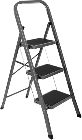 Futura Slimline 3 Step Ladder, Folding Step Stool, 150kg Capacity, Grey | Wide 30 x 20cm non-slip steps, 150kg capacity and folding design. Open size 103 x 46.5 x 68cm; folded 113 x 46.5 x 4cm.