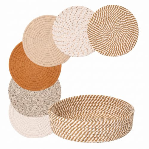 8 Inch Placemats Set of 6 with Storage Basket, Round Woven Cotton Placemats Heat Resistant Trivets with Storage Basket Washbale Braided Table Mats Pot Holders for Kitchen Dining Wedding