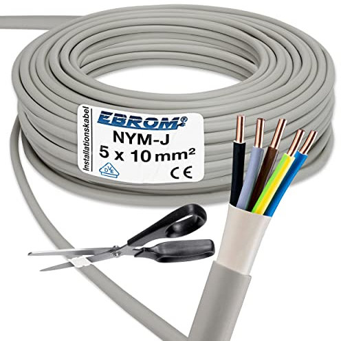 EBROM - NYM-J 5x10 mm² - NYM-J 5x10 mm2 - Mantelleitung - Installationsleitung - Feuchtraumkabel - grau - Auswahl in 5 Meter Schritten - Ihre Längenauswahl: 5m