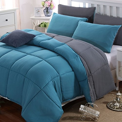 MOHAP Couette Bicolore 4 Saisons d'été Légère 450g/m² 140x200cm Hypoallergénique Lac Bleu + Gris Foncé Réversible 1 Personnes Edredon