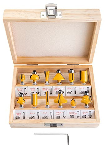 HPMAISON 12 Stück Fräser Set für Oberfräsen, Zylindrischer Schaft 6.35 mm, präzise Hartmetall Schneideplatten, Holzfräs Bits Fräser Set für Kantenfräse, Holzfräse, Holzbearbeitung