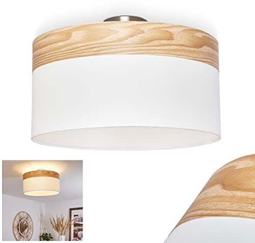 Deckenleuchte Pontresina, runde Deckenlampe aus Stoff/Kunststoff/Metall in Weiß/Holzoptik/Nickel-matt, moderne Leuchte mit Lichteffekt, Ø 40 cm, 3-flammig, 3 x E27, ohne Leuchtmittel