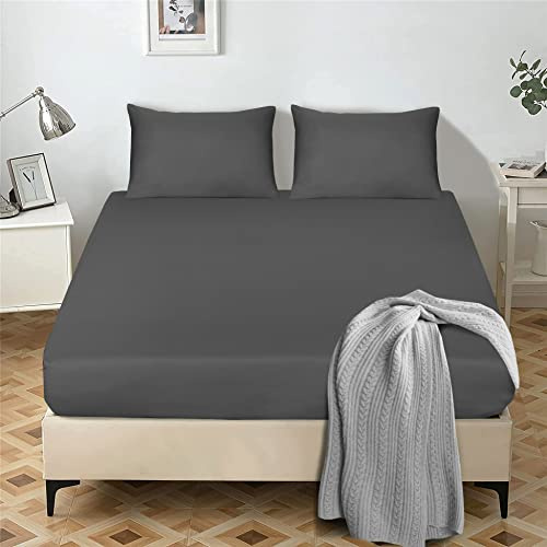 My home store Fitted Sheet 25 cm Deep Brushed Microfiber Ultra Soft No-Iron Wrinkle-Resistant Plain Dyed Fitted Bed Sheets Hypoallergenic Breathable Sheets (Charcoal, Super King)