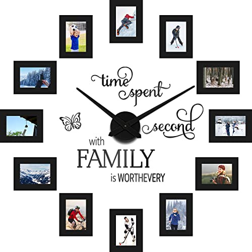 Sratte Reloj de pared grande con collage de fotos en 3D, marco de fotos de papel de 5 pulgadas, decoración moderna, cita familiar, calcomanías de pared, kit de reloj para decoración del hogar, sala de