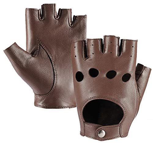 MGGMOKAY Donna Guanti da guida a mezze dita senza dita in pelle di agnello,Marrone,S