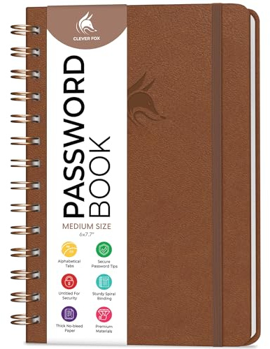 Clever Fox Password Book Keeper Notebook, Spiral-Bound Medium Brown