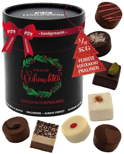 Hallingers Genuss Manufaktur Pralinen Geschenk Weihnachten – ohne Alkohol, handgemacht aus Premium Edelkakao, edle Geschenkdose Frohe Weihnachten XXL, Geschenkidee für Frauen & Männer zur Weihnacht