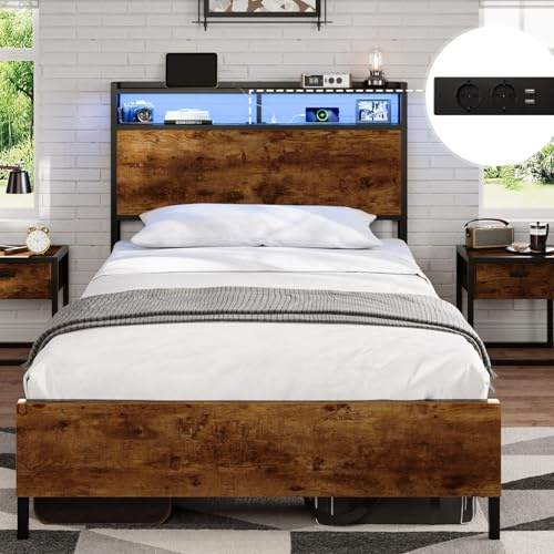 DICTAC Lit 90x200 en Métal, Lits Simple avec lumières LED et 2Ports USB et Prise de Courant, Cadre de lit 90x200 en métal avec tête de lit, Lits 1 Personne Une Place à Lattes, Marron Vintage/Noir