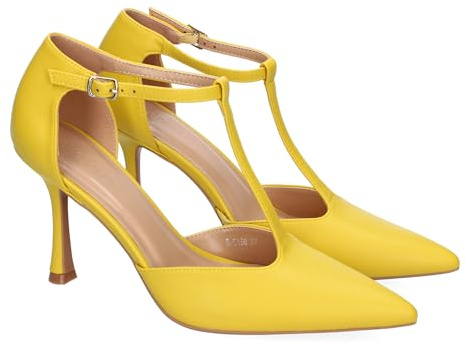 Scarpe con tacco sottile da donna, eleganti, punta sottile, design moderno con fascia sul collo del piede e chiusura a fibbia, ideali per eventi., giallo, 37 EU