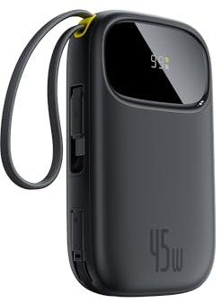 Baseus Powerbank 45W 20000mAh con 2 Cables USB-C Integrados, Power Bank PD3,0 QC4,0 Baterías Externas Carga Rapida, 3 C 1 A, Cargador Portátil para iPhone 16/15/14 Pro MAX, Samsung, Negro