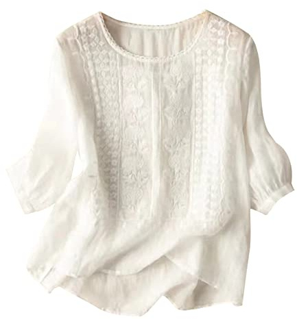 MJGkhiy Camicia Donna Elegante Estiva Cotone Bianca Camicetta Maniche 3/4 con Bottoni Collo Crew Maglietta Lino T Shirt Comoda Tinta Unita Camice Offerte Vintage Classico Bluse Top Maglia Trasparente