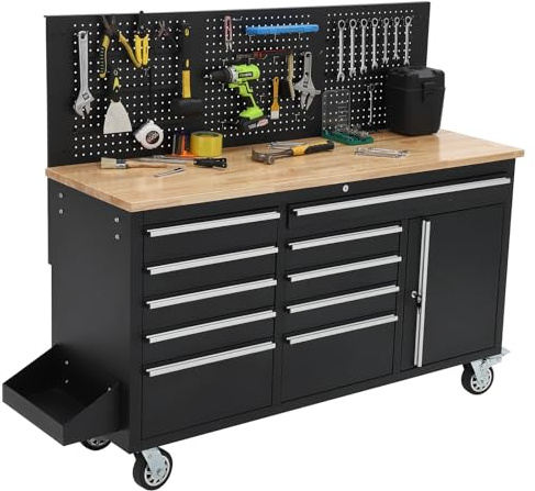 GAOMON 61-inch Rolling Tool Chest, 10 Drawers Garage Workbench Storage Tool Cabinet with Power Strip, Solid Rubber Wood Top, 1675 LBS Load Mobile Workstation, Heavy Duty Rolling Cabinet