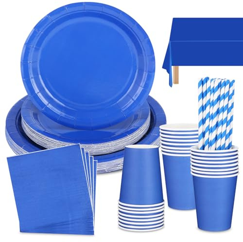 Juego de vajilla de cartón azul oscuro, juego de 126 piezas, platos de papel para fiestas, vasos, servilletas, pajitas, juego de fiesta, para casa, picnic, camping, cumpleaños, boda, graduación, Pa
