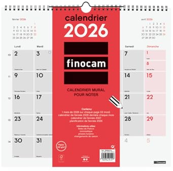 Finocam – Calendrier mural 2026 1 Mois par page Janvier – Décembre 2026 (12 mois) | Calendrier 2026 pour noter | Planificateur mensuel Neutre – Français