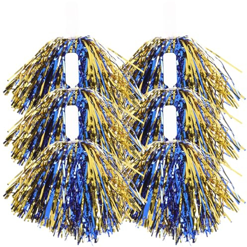 BUGUUYO Pompones para Porristas 6 Piezas Mango Metálico Plano PP Colores Azul y Dorado Mixtos Accesorios para Animar Eventos Deportivos Baile y Presentaciones Escolares
