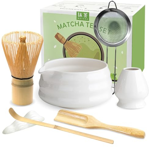 JBER Matcha-set 7 delar: Matcha-skål med pip, bambuvisp, vispstativ, skedar och sil för matchaceremoni - Vit