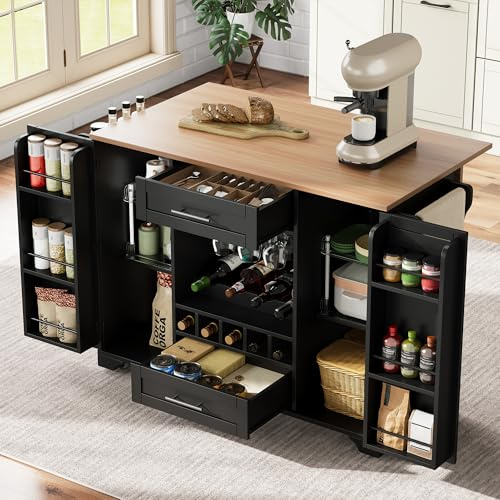 Oslghy Isla De Cocina Móvil con Ruedas, Carro de Cocina con Mesa de Comedor Extensible, Mueble Auxiliar Cocina con Botellero, Soporte para Vasos, Estante para Especias y Toallero, 120x45x92cm (Negro)