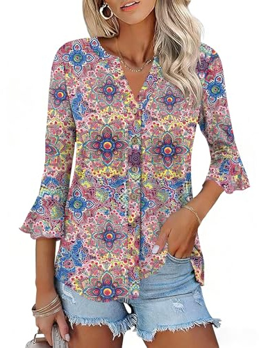 Ivicoer 3/4 Length Sleeve Womens Tops Cute V-Neck Blouse Summer Outfits Casual Ruffle Sleeve Clothing(Pink Floral Blue Leaf,L)