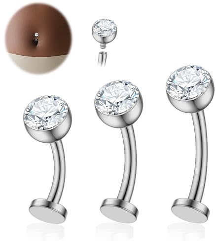 XUU Titanium Floating Belly Button Bar Set 14G – 3 Sizes 8mm 10mm 12mm Flat Back Internally Threaded Curved Barbells with CZ Crystal, Hypoallergenic Navel Ring for Women (Silver Set)