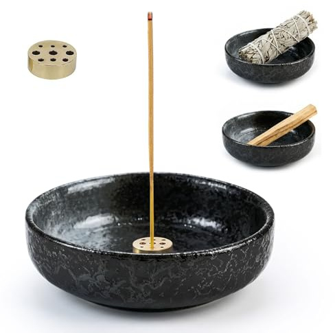 Porta incenso in ceramica con nove fori – Ciotola per incenso con supporto in ottone per bastoncini di incenso, bastoncini, coni di incenso e coni di incenso, 9 cm Compatto ed elegante per casa e sala