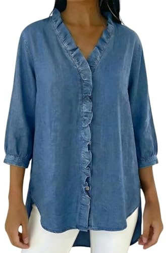 Denim skjorta kvinnor trendig volang trim knapp ner v-hals jeans toppar 3/4 ärmar lätta Chambray skjortor smarta vardagliga blusar cowboy västerländska toppar kontor arbete oregelbunden fåll tunika