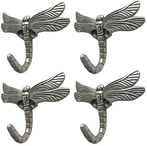 Lcyolada Dragonfly Hooks Wall Mounted Cloak Rack, Animal Heavy Duty Vintage Decorative Hooks, Indoor Outdoor Universal Cloak Rack Hooks for Coat Towel Robe Clothes Hats Bags Keys, Pack of 4