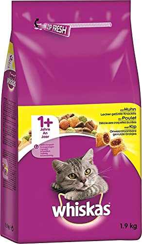 Whiskas Adult 1+ torrfoder kyckling, 2 x 1,9 kg – torrfoder för vuxna katter – olika produktförpackningar finns