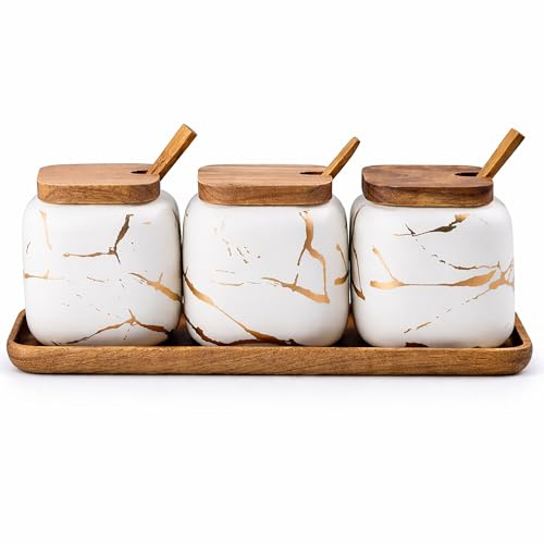 KIDYBELL Ceramic Spice Jars Porcelain Condiment Jars Set Marble Ceramic Seasoning Box 3pcs Condiment Pots for salt, sugar, pepper Kitchen Seasoning Condiment Jar Set