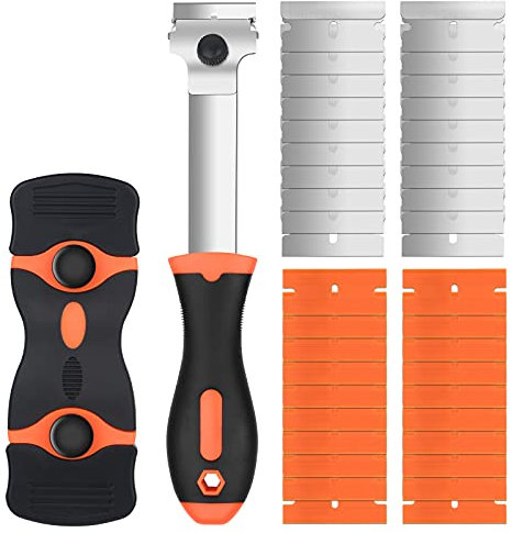 Flintronic Schaber, Keramikschaber mit 20 Edelstahl & 20 Kunststoffklingen, Schaber Küchenschaber Set, Kochfeld Kratzer, Herd Glasschaber, Herdschaber für Backofen, Induktionskochfeld, Glaskeramik