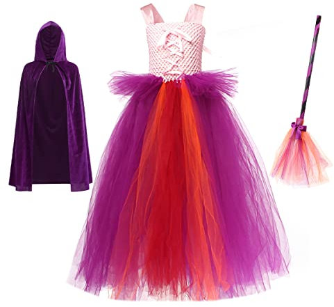 FYMNSI Mary Sarah Sanderson Cosplay Kostüm Kleid für Mädchen Kinder Halloween Hexe Cosplay Tüllkleid Langes Abendkleid mit Umhang Besen 3tlg Outfit Karneval Fasching Verkleidung Lila 4-5 Jahre