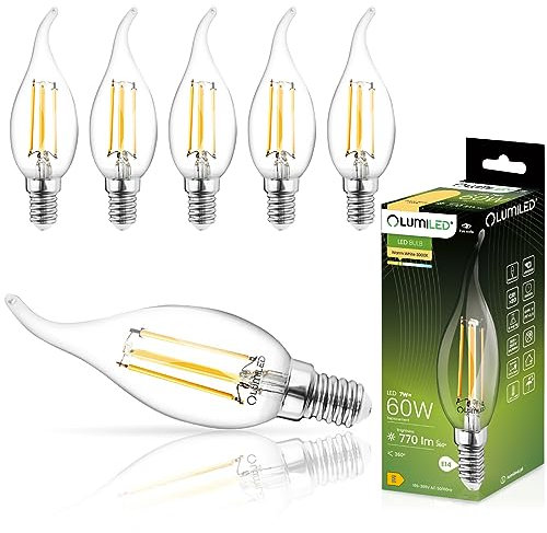 Lumiled BA35 E14 LED Lampe 6 Stück Set 7W (ersetzt 60W) 770lm Classic Filament Glas Leuchtmittel Kerzenform Windstoß 3000K Warmweiß Birne Lampen 360° Abstrahlwinkel Glühbirnen Kerzenlampe Kerze