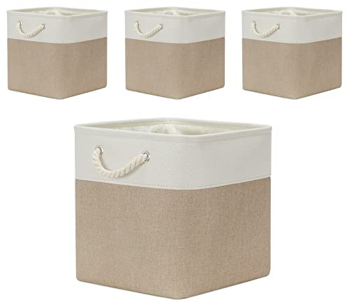 Temary Cube Storage Baskets 4 Pack 13x13 Fabric Cube Storage Bins for Clothes, Large Baskets Boxes with Handles, Canvas Basket for Organizing Towels, Collapsible Storage Baskets (White&&Khaki)