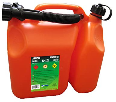 EDA - Jerrican Doppio Scomparto - 6 L per Benzina + 2,5 L per Olio - con Beccuccio Rigido - Omologato Carburante - 31,8 x 16,7 x 31,4 cm - Arancione