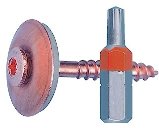 Spenglerdichtschraube | Edelstahl A2 - verkupfert | AW 20 | 4,5 x 45 mit Dichtscheibe 25 mm Durchmesser | EPDM Dichtung | Nadelspitze | mit passendem BIT