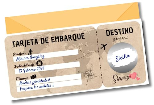 EQUIK PRODUCTS Regalo viaje sorpresa, Tarjeta de rascar, Cheque, Cupón viaje, Regalo pareja romántico para San Valentín, Tarjeta de embarque personalizable, Amarillo