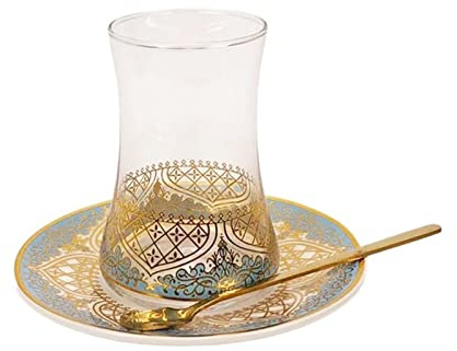 Thermo Glas Med Dubbelt Ytskikt Turkiska te glasögon koppar sitter med sked kaffe kopp romantisk exotisk te kopp blå guld kök dekoration dricka Dubbelväggiga Kaffemuggar