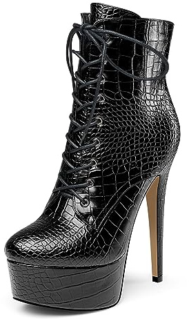 HEUIVZAR Femmes Plate-forme Haut High Aiguille Talon Heel Bottines Fermeture à Glissière Lacets Rond Bout Mariage Cute Bottes Noir 40 EU