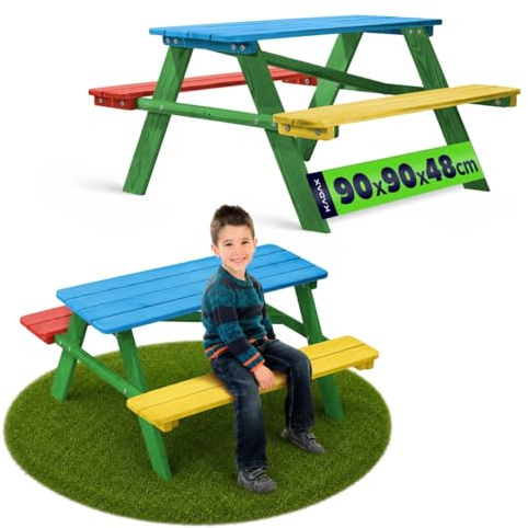 KADAX Table de pique-nique pour enfant avec bancs, meubles pour enfants pour pique-nique, table d'enfant en bois, ensemble de pique-nique pour jardin, ensemble de sièges pour enfants (multicolore)