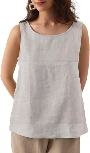 Amazhiyu Women 100% Linen Tank Top-Sleeveless Crewneck Blouse Summer Casual Linen Medium
