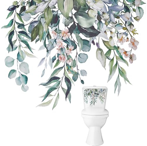 GORGECRAFT 2 Hoja de Pegatinas para Tapa de Asiento de Inodoro Hojas de Plantas Verdes Flores Autoadhesivas Extraíbles Pegatinas de Pared Florales para Baño Impermeables Pegatinas Decorativas