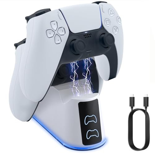 eSynic Cargador Mando para PS5 y PS5 Edge con Iluminación Ambientales Geniales e Indicadores de Luz LED Base de Carga con Cable para PS5 Carga Rápida de 2.5H para PlayStation 5