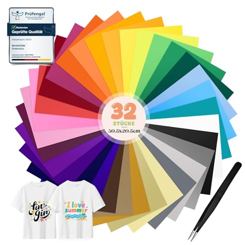 moinkerin 32 Feuilles Vinyle de Transfert de Chaleur avec Pince 30.5x20.5cm Vinyl Thermocollant Textile pour Tissu,Toutes Machines de Découpe,T-Shirts,Vêtements,Chapeaux (32 Couleurs)