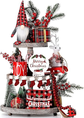 KAHEIGN Búfalo Cuadros Decoración de Bandejas Escalonadas de Navidad, 25CM Gnomos de Peluche con 2 Carteles de Madera, 2 Miniárboles, 6 Medias, Taza y 57CM Guirnalda de Cuentas - para Xmas Decoración