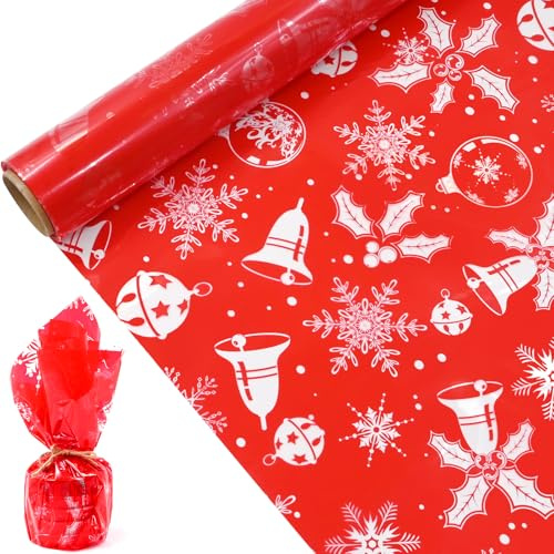 QRTDXP 15m Xmas Cellophane Wrapping Paper, Red Gift Wrapping Paper Roll with Snowflake Christmas Bell Holly, Reusable Cellophane Wrap for Hampers for Xmas Birthday Party